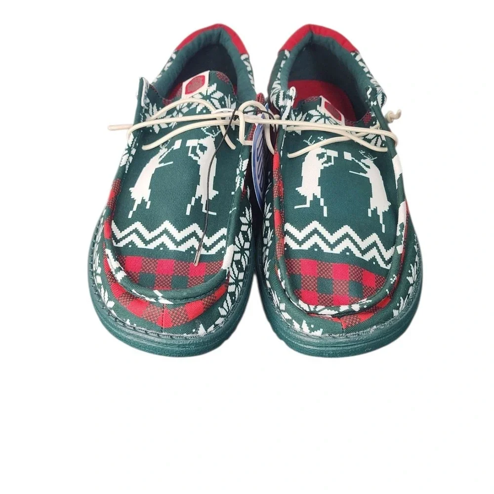 Hey Dude Wally Holiday Cheers Green Multi Snowflake Plaid Slip On Shoes Mens M11